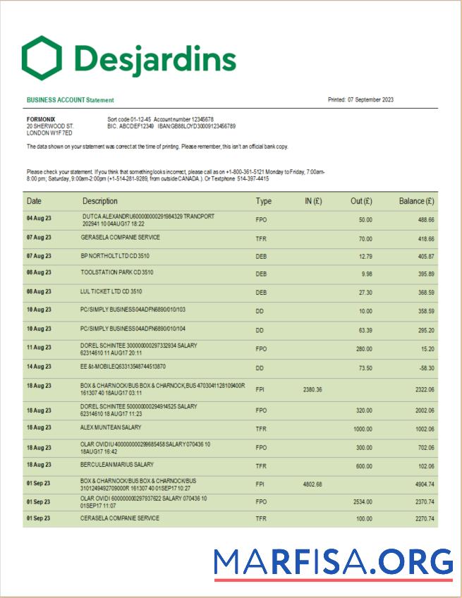 Realistic Desjardins Bank corporate checking account statement Word and PDF template